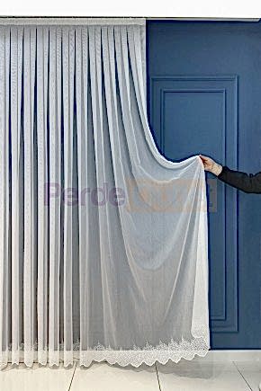 Ekru Etek İşlemeli Düz Tül Perde